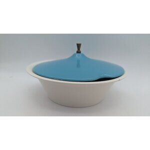 Vintage MCM  bowl with lid  serving soup teal blue lid  9.25 inch bowl